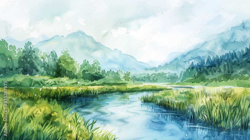 Serene watercolor painting of a lush, tranquil landscape featuring a calm river flowing through vibrant greenery and forest, framed by distant mountains. Serene watercolor painting of a lush, tranquil landscape featuring a calm river flowing through vibrant greenery and forest, framed by distant mountains.