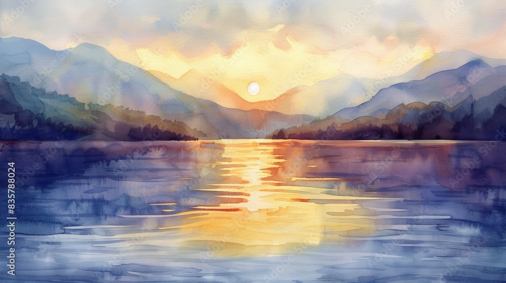 custom made wallpaper toronto digitalStunning watercolor painting of a serene sunset over a calm lake with mountains in the background, reflecting vibrant colors on the water.