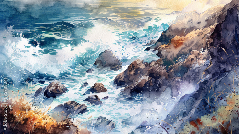 Vibrant watercolor painting of an ocean landscape with waves crashing against rocky cliffs under a serene, multi-colored sky