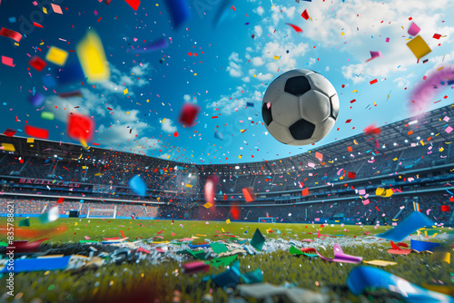 Fussball fliegt durch die Luft mit Konfetti  im Stadion auf  bei blauem Himmel