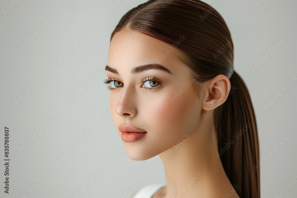Elegant Woman with Sleek Ponytail Portrait in Studio Setting Elegant Woman with Sleek Ponytail Portrait in Studio Setting