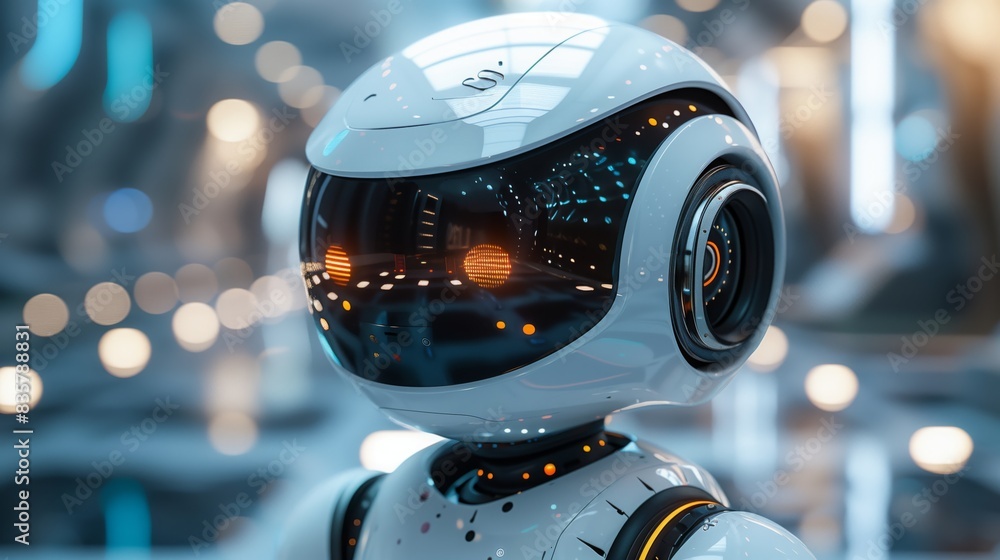 Fototapeta premium A white robot stands in a futuristic environment, surrounded by advanced technology and sleek architecture.