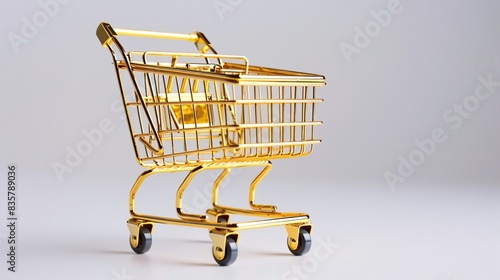 Golden Shopping Cart on a Minimalist Background - Perfect for Retail, Luxury Shopping, and Consumerism