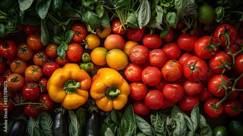 Close-up photograph highlighting natural beauty of ripe fruits and vegetables, arranged in enticing display, perfect for adding visual interest to menu backgrounds or promotional materials