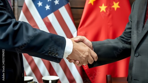 Wallpaper Mural US and China - Two men shaking hands with US and China flags in the background, indicating a diplomatic agreement or partnership Torontodigital.ca