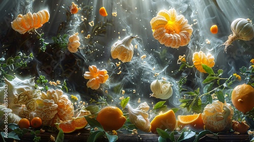 Surreal image of rare ingredients floating in mid-air, including Buddha's hand citron, horned melon, kumquat, and taro root, surrounded by ethereal light against dark backdrop photo