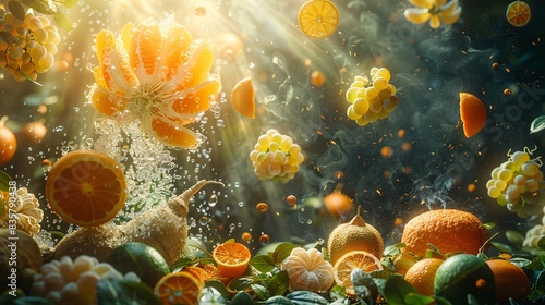 Surreal image of rare ingredients floating in mid-air, including Buddha's hand citron, horned melon, kumquat, and taro root, surrounded by ethereal light against dark backdrop © Supersek