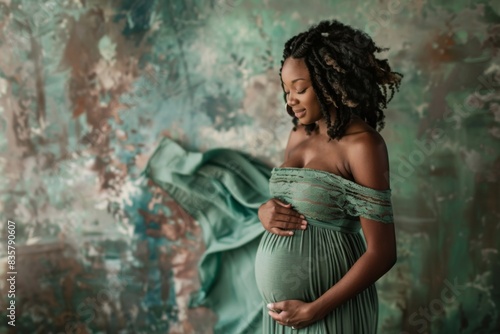Pregnant woman holds her belly. Close up of her holding her stomach