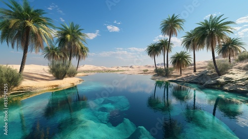 A tranquil oasis in the middle of a vast desert, with palm trees surrounding a crystal-clear pool of water.