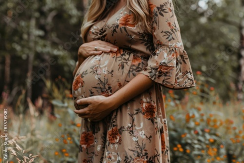 Wallpaper Mural Pregnant woman in a dress holds her belly in nature. Close up of her holding her stomach Torontodigital.ca