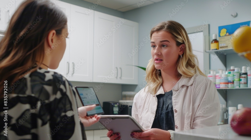 Obraz premium dietitian using a digital tablet to explain individualized nutrition recommendations to a young woman in a clinic setting