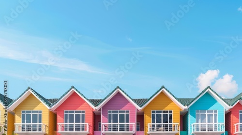 Row of colorful houses in the city with blue background