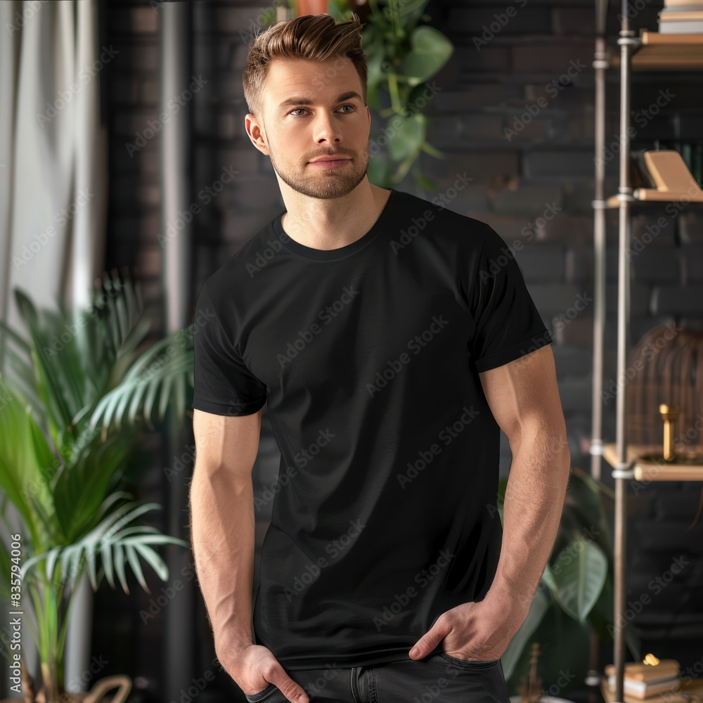 Full body view of_fit man wearing black T-shirt mockup Full body view of_fit man wearing black T-shirt mockup