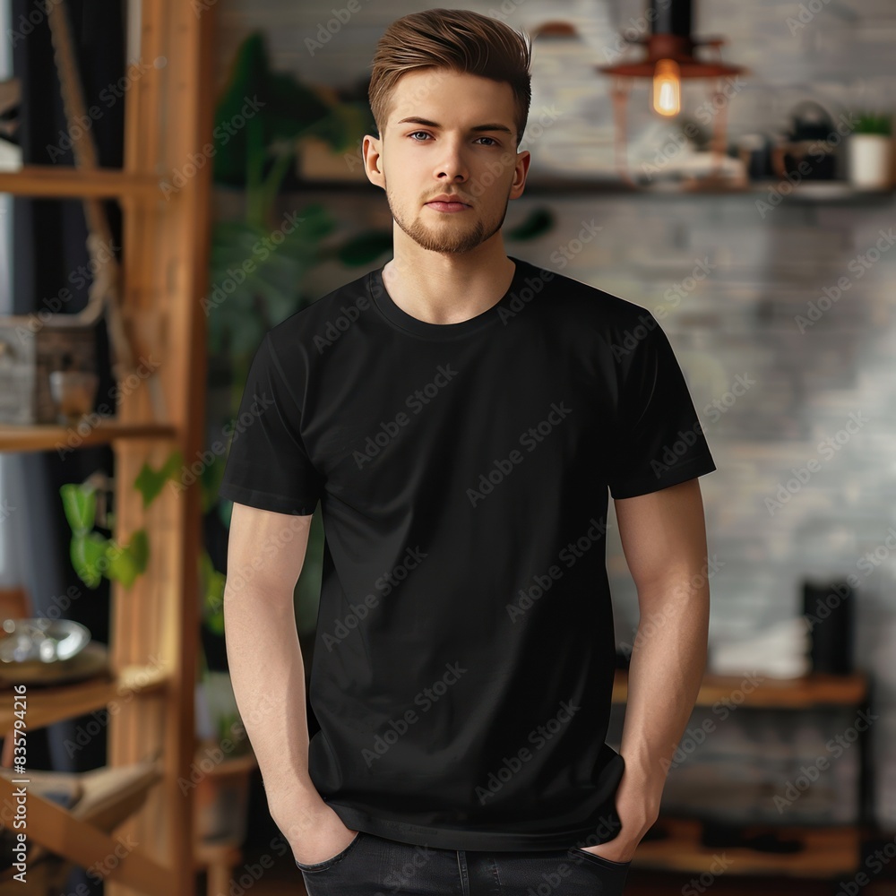 Full body view of_fit man wearing black T-shirt mockup Full body view of_fit man wearing black T-shirt mockup