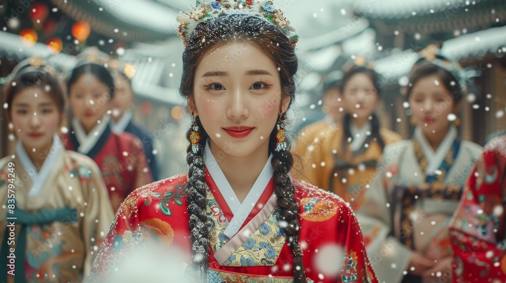 In your exploration of Seoul during the Christmas season, you come across a group of locals dressed in elegant yet subtly festive Hanbok, each intricately designed with seasonal motifs. In your exploration of Seoul during the Christmas season, you come across a group of locals dressed in elegant yet subtly festive Hanbok, each intricately designed with seasonal motifs.