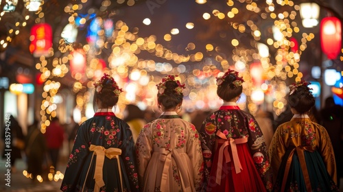 In your exploration of Seoul during the Christmas season, you come across a group of locals dressed in elegant yet subtly festive Hanbok, each intricately designed with seasonal motifs.