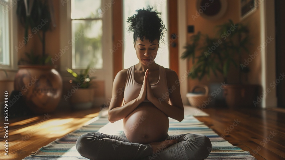 Expecting mother practicing yoga poses with serene concentration, embodying the essence of maternal self-care and wellness. Expecting mother practicing yoga poses with serene concentration, embodying the essence of maternal self-care and wellness.