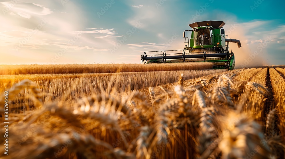 Modern Combine Harvester in Golden Wheat Field, Dynamic Agricultural Scene on Sunny Day Modern Combine Harvester in Golden Wheat Field, Dynamic Agricultural Scene on Sunny Day
