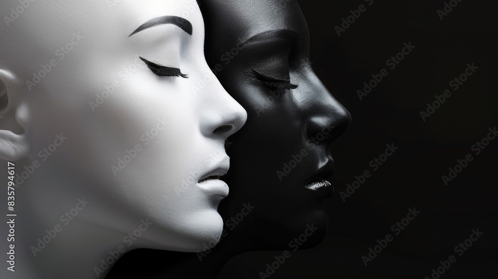 Black and White Sculpted Faces in Profile View Black and White Sculpted Faces in Profile View