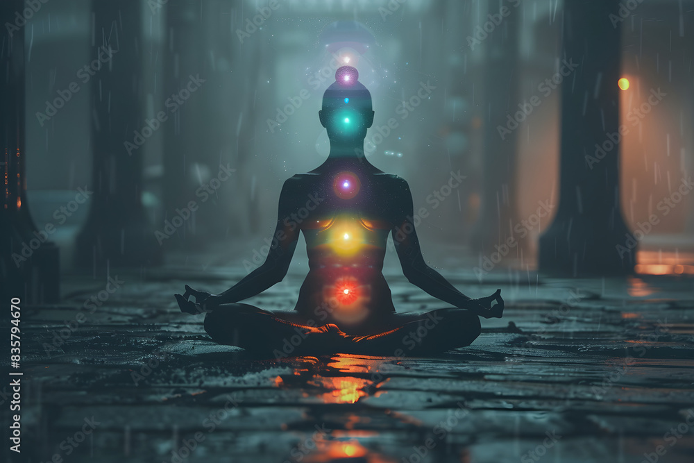 A person practicing yoga and meditation with glowing chakras, promoting inner peace and mental well-being. A person practicing yoga and meditation with glowing chakras, promoting inner peace and mental well-being.