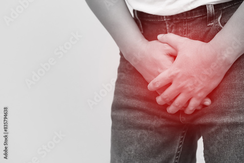 Photography man covers groin, health problems disease for premature ejaculation, fertility, erection