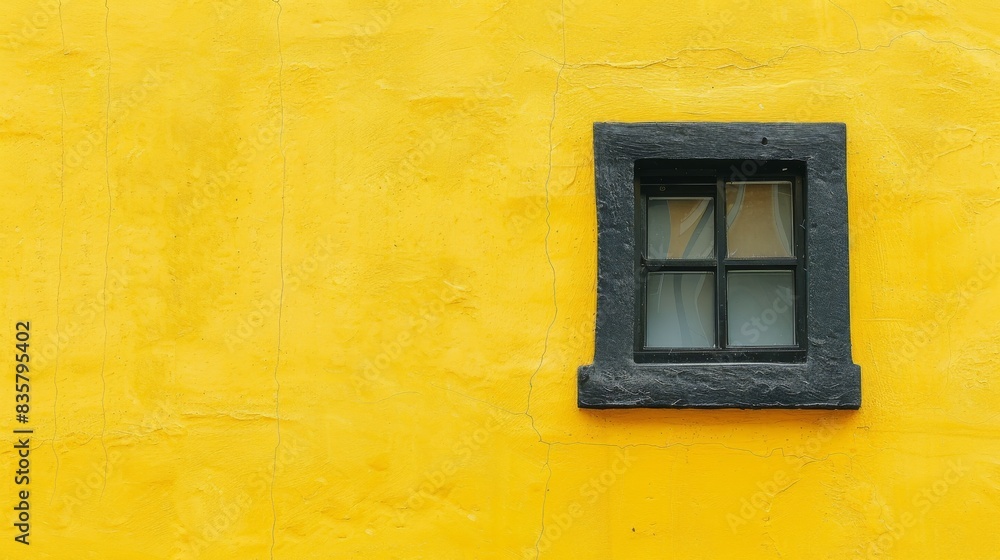 Black framed window on a bright yellow wall Black framed window on a bright yellow wall