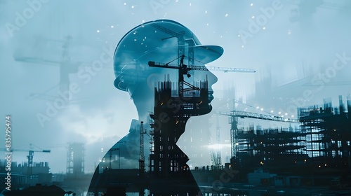 Double exposure of an engineer in deep thought, with a construction site in the background, presented in silhouette style