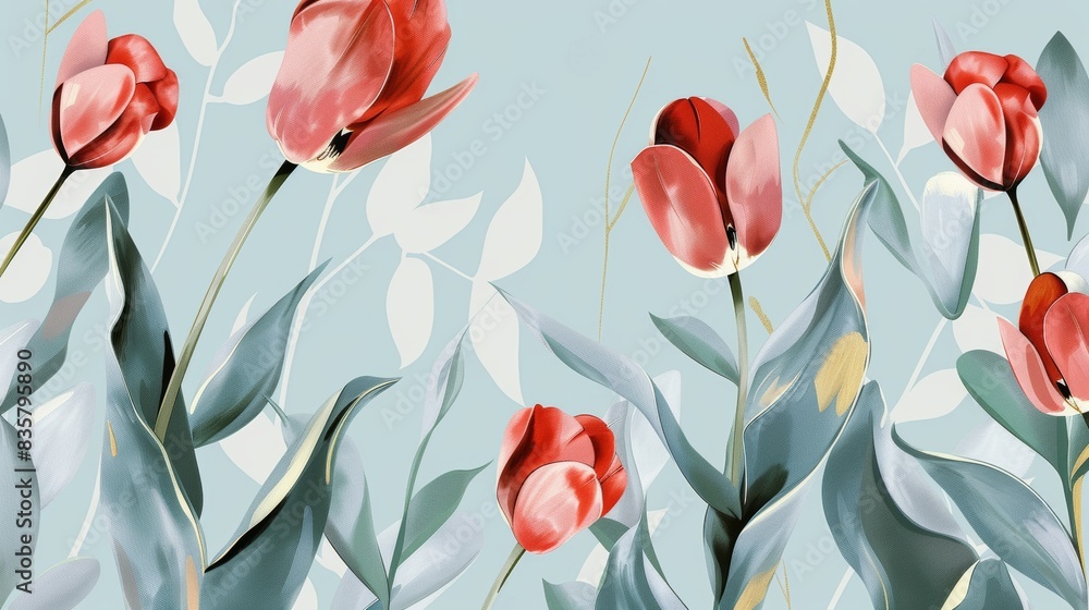 Tulips floral, luxury botanical on light blue background vector, empty space in the middle to leave room for text or logo, gold line wallpaper, leaves, flower, foliage, hand drawn Tulips floral, luxury botanical on light blue background vector, empty space in the middle to leave room for text or logo, gold line wallpaper, leaves, flower, foliage, hand drawn