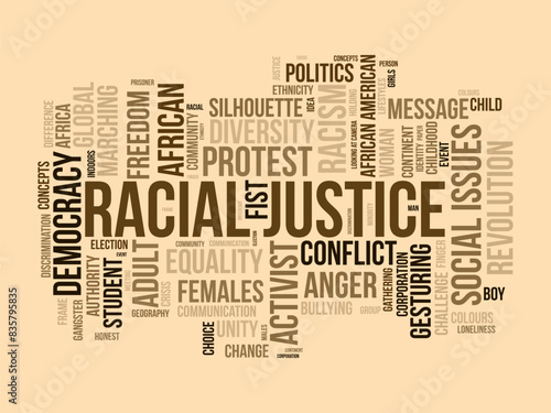 Racial justice word cloud template. Social issues concept vector tagcloud background.