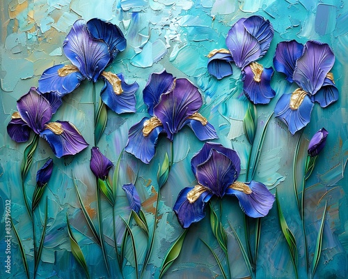 Detailed palette knife strokes creating irises, purple and blue petals with green stems, set against a richly textured turquoise background, Abstract, Detailed, Elegant photo