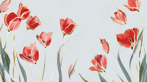 Tulips floral  luxury botanical on light blue background vector  empty space in the middle to leave room for text or logo  gold line wallpaper  leaves  flower  foliage  hand drawn