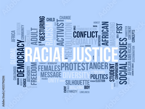 Racial justice word cloud template. Social issues concept vector tagcloud background.