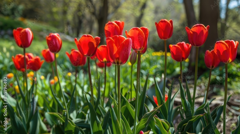 Blooming red tulips in the spring garden Blooming red tulips in the spring garden
