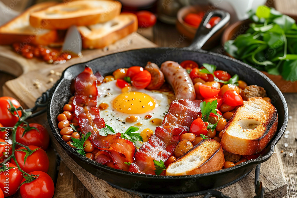 Full English Breakfast with bacon, eggs, sausage, beans, and toast on a rustic kitchen table. Full English Breakfast with bacon, eggs, sausage, beans, and toast on a rustic kitchen table.