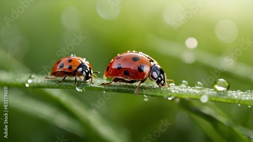 Ladybugs family on a dewy grass. Close up with shallow DOF