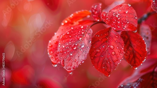 Red leaves with water droplets displaying a blurred yet attractive appearance