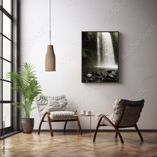 Nature Inspired Minimalist Interior Design with Large Window and Waterfall Artwork  Ideal for Modern Living Spaces photo