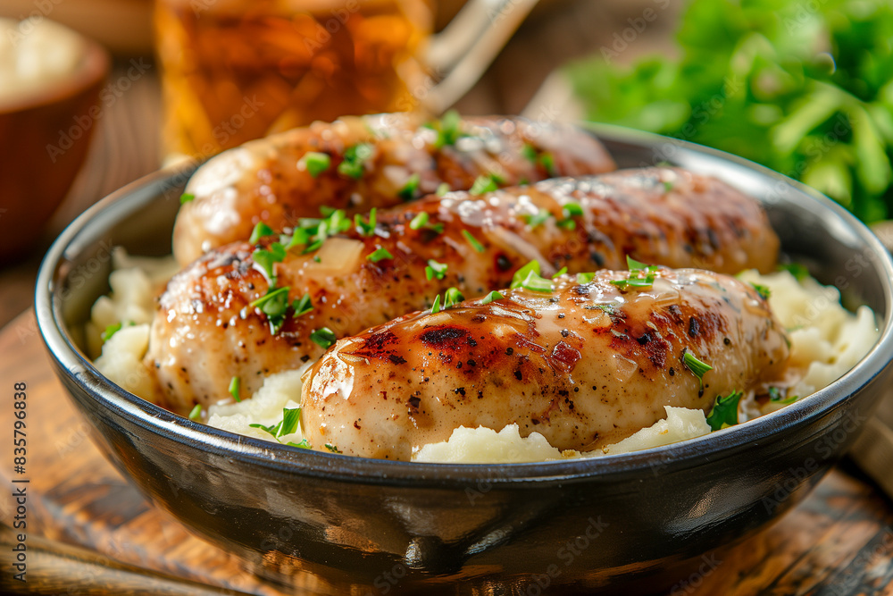 Bangers and Mash with rich onion gravy, served in a classic English pub. Bangers and Mash with rich onion gravy, served in a classic English pub.