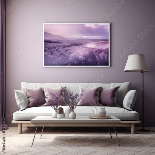 Lavender Minimalist Interior Design with Purple Decor and Nature Art for Elegant Living Rooms photo