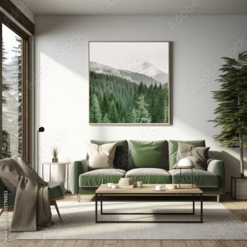 Minimalist Nature Themed Interior Design with Green Accents and Forest Artwork for Modern Living Spaces