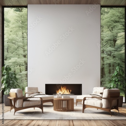 Minimalist Nature Inspired Interior with Modern Fireplace and Cozy Seating  Design for Print, Card, Poster photo