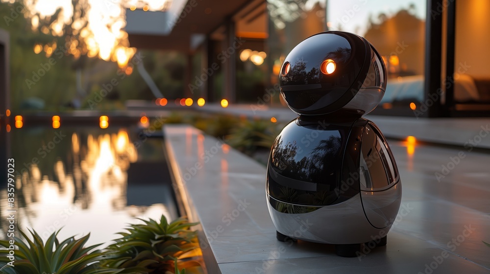 Fototapeta premium A robot sitting on a patio in front of a pool. The robots metallic body contrasts with the blue water of the pool.