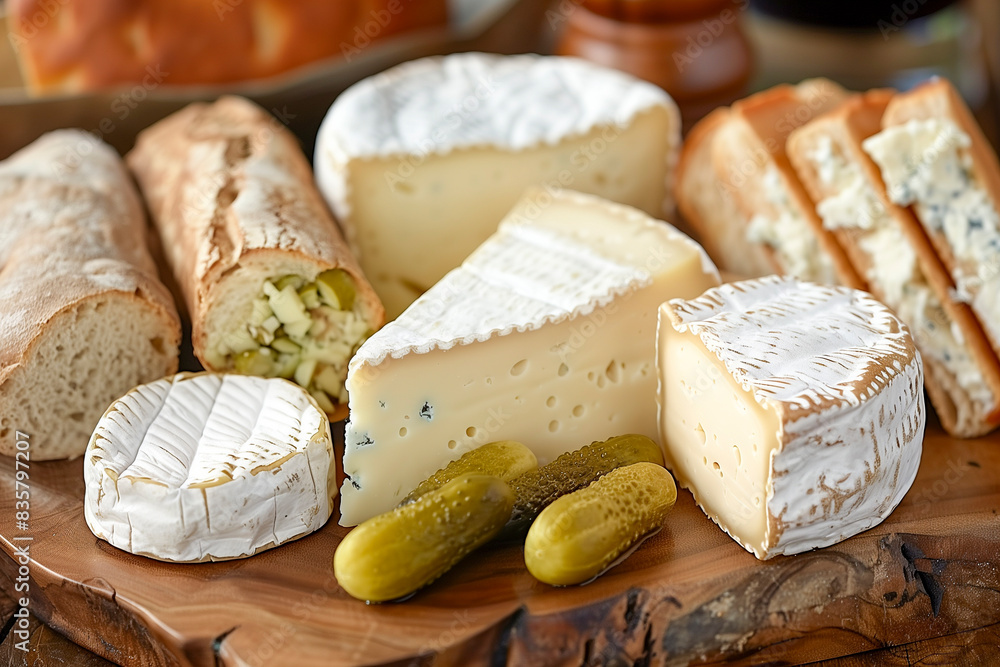 Ploughman's Lunch with cheese, pickles, and bread, served on a rustic wooden board. Ploughman's Lunch with cheese, pickles, and bread, served on a rustic wooden board.