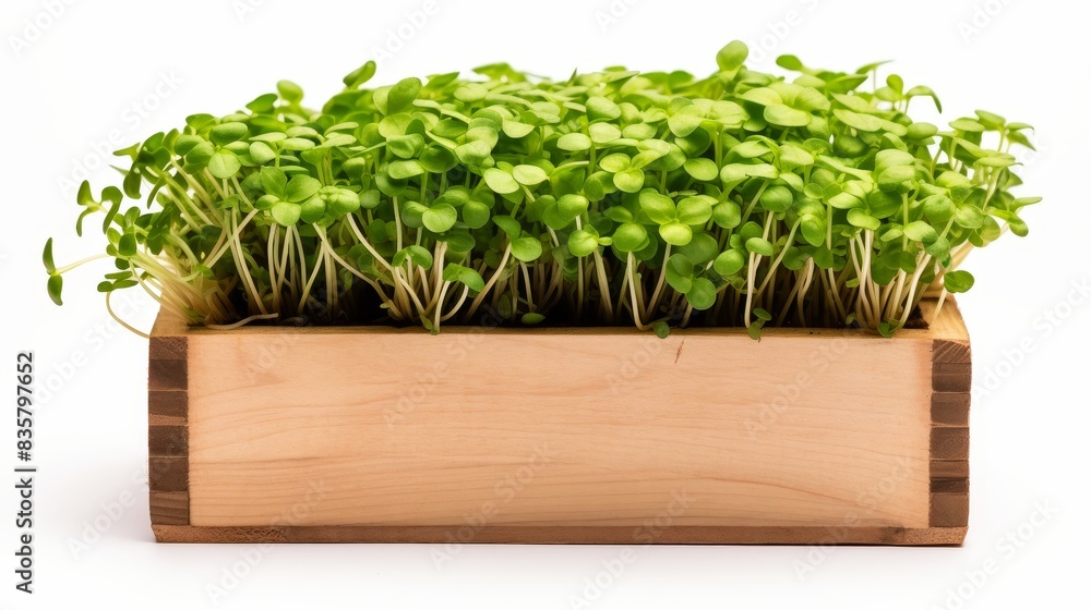 Wooden box with microgreens on white isolated background Wooden box with microgreens on white isolated background