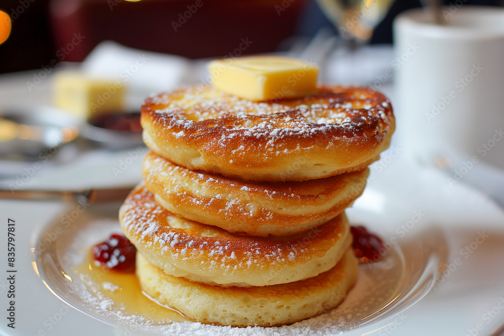 Crumpets with butter and jam, on a quaint tea table. Crumpets with butter and jam, on a quaint tea table.