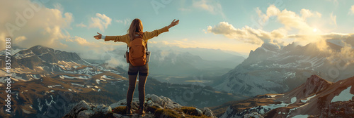 A woman on a mountain peak feeling openness with her arms outstretched photo