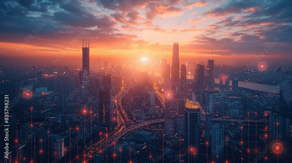 Fototapeta premium double exposure city scape and network connection and trading graph . Concept for new global business. Blockchain connect.