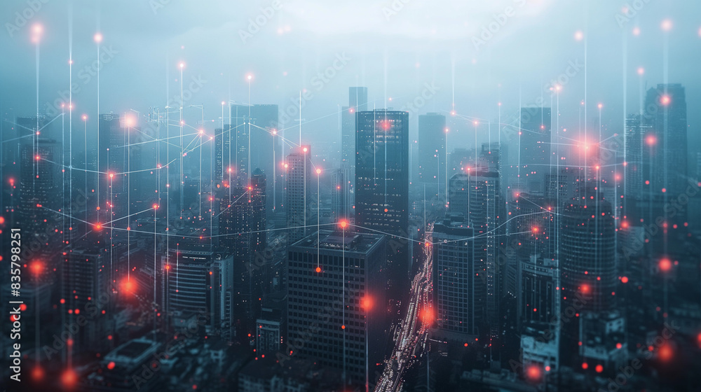 double exposure city scape and network connection and trading graph . Concept for new global business. Blockchain connect. double exposure city scape and network connection and trading graph . Concept for new global business. Blockchain connect.