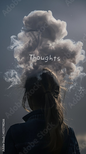 Thoughts - A woman with smoke coming out of her head with the text 