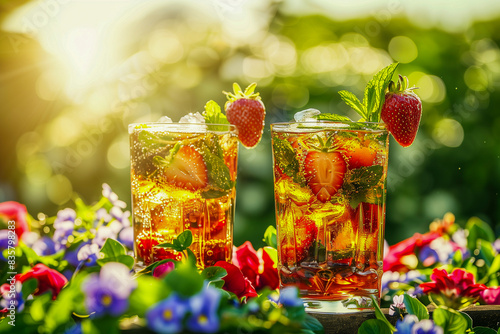 
Pimm's Cup cocktail with fruit and mint, enjoyed in a summer garden. photo